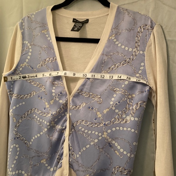 Silk Cardigan New York & Company Blue Cream with Chain Design Size XS EUC - Picture 8 of 8